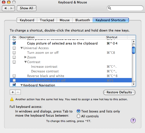 Universal Access keyboard shortcuts